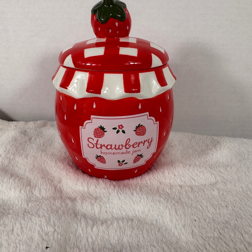 Strawberry Homemade Jam Ceramic Canister Jar w/ Lid Strawberry Kitchen Decor 6"
